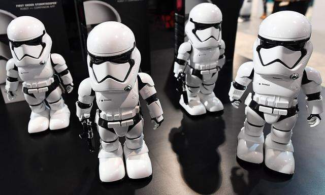 Star Wars First Order Stormtrooper app-enabled bipedal robots by UBTECH are displayed during CES 2018 