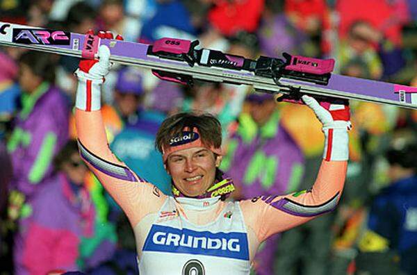 Elfmal (5/3/3) standen bei der WM 1991 heimische Skifahrer auf dem Podest. Stefan Eberharter (Gold im Super G und in der Kombination) und Ulrike Maier (Bild / Gold im Super G, Silber im Riesenslalom) holten jeweils zwei Medaillen. Dazu kamen Goldene durch Rudolf Nierlich (Riesenslalom) und Petra Kronberger (Abfahrt).