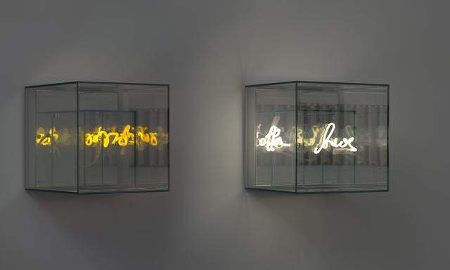 „Think outside the box“ ist eine dreiteilige Arbeit von Brigitte Kowanz aus dem Jahr 2020 – bestehend aus Neonschrift und Spiegeln (Im Bild: Ausschnitt). Die Galerie Ruzicka zeigt aktuell eine Ausstellung der Biennalekünstlerin und bietet diese Arbeit um 78.000 Euro an.