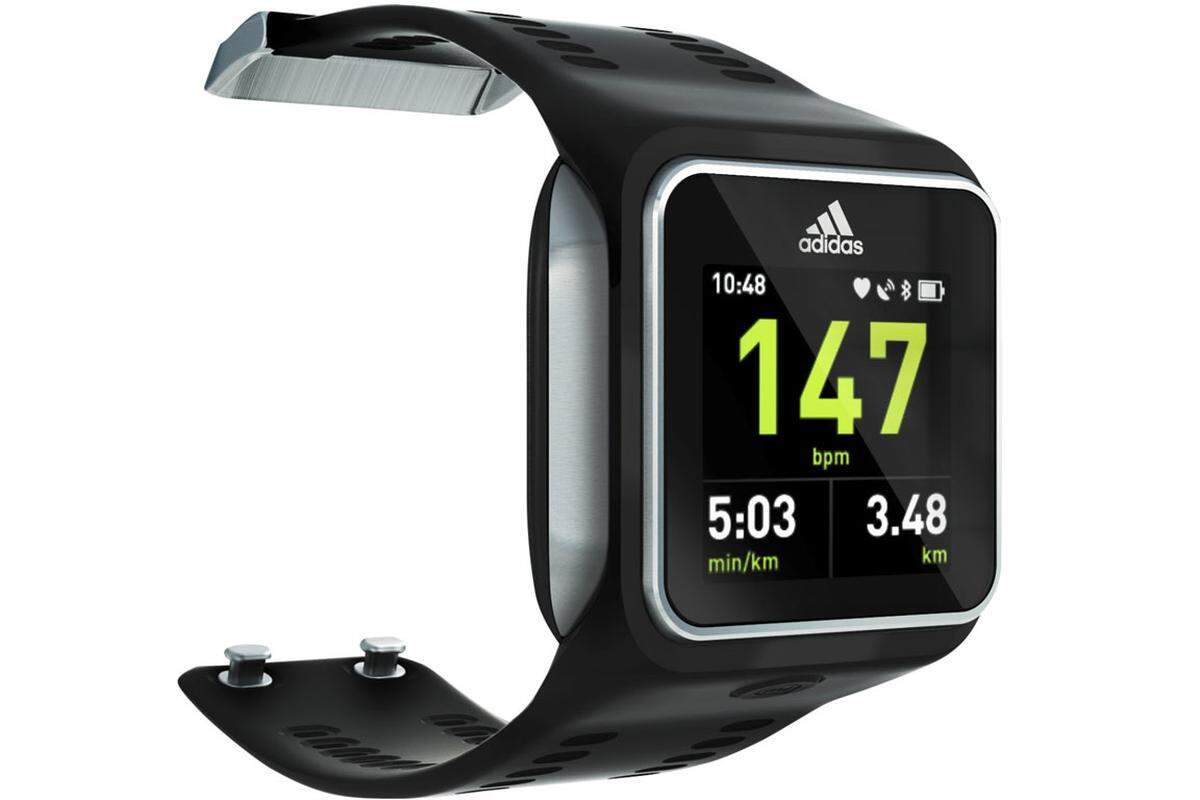 Nahc Nike ist auch der Sportartikel-Hersteller Adidas in das Geschäft der smarten Sportuhren eingestiegen. Die Android-Uhr funktioniert ganz ohne App und Smartphone, schlägt aber trotzdem Trainingsprogramme vor. Besonders ist, dass die Uhr den Puls direkt am Handgelenk misst, ganz ohne einen zusätzlichen Brustgurt. Dank Android dient die Uhr auch als MP3-Player mit 3 Gigabyte Speicher.Adidas MiCoach Smart Run, 399 Euro
