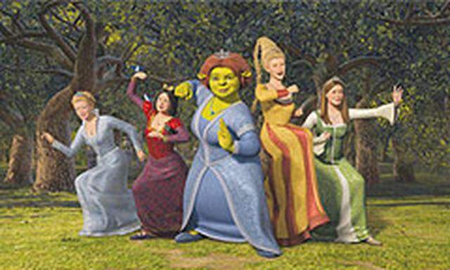 'Zu Gast bei Shrek' (v.l.n.r.): Aschenputtel (Stimme: Amy Sedaris), Schneewittchen (Amy Poehler), Prinzessin Fiona (Cameron Diaz), Rapunzel (Maya Rudolph), Dornröschen (Cheri Oteri).