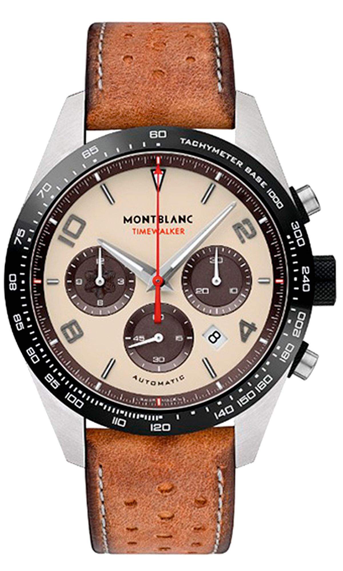 Montblanc „TimeWalker Manufacture Chronograph Limited Edition". „Cappuccino" nennen Insider dieses „TimeWalker"-Modell mit beigefarbenem Zifferblatt, braunen Zählern und Höhenringen. Das Design bezieht sich auf das Armaturenbrett ­klassischer Rennwagen.   