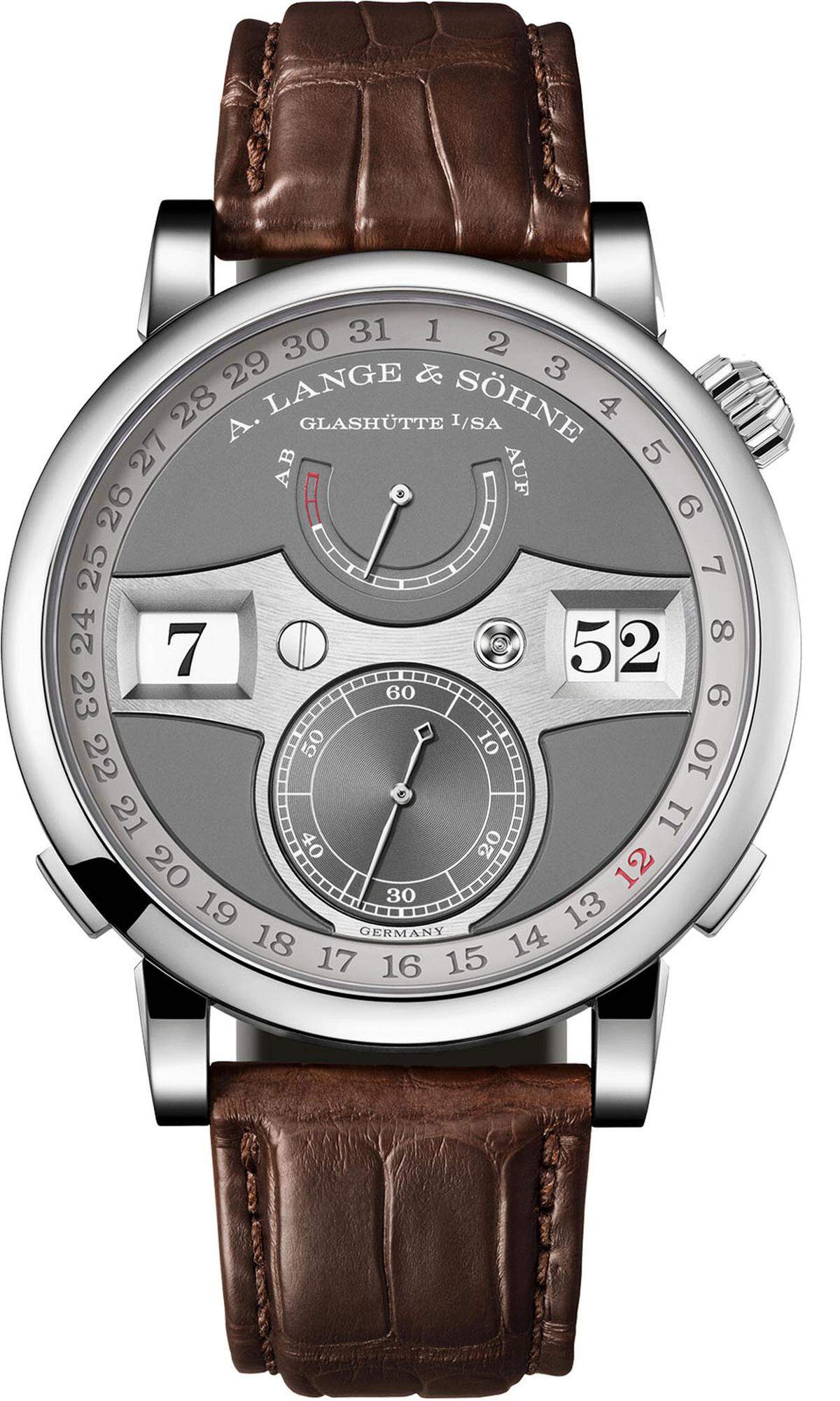 A. Lange & Söhne „Zeitwerk Date". Zu ihrem zehnjährigen Jubiläum erhält Langes erste mechanische Armbanduhr mit Digitalanzeige ein neues Manufakturkaliber mit Datumfunktion.  