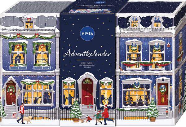 Pflegeprodukte von Nivea und Labello sowie praktische Accessoires finden sich im Adventskalender von Nivea, der eine weihnachtlich geschmückte Häuserfront zeigt. <em>Nivea, 43 Euro.&nbsp;</em>