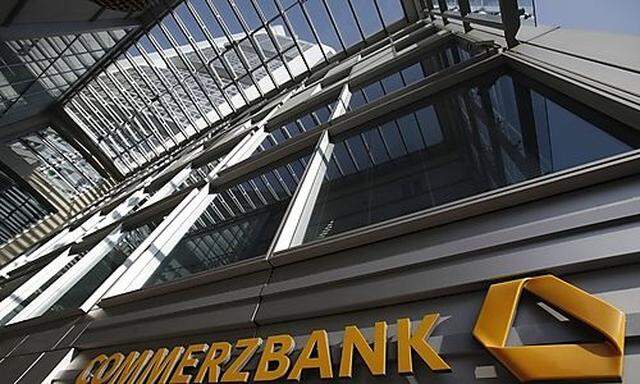 Entrance of the German Commerzbank headquarters are pictured ahead of the Commerzbank annual news con