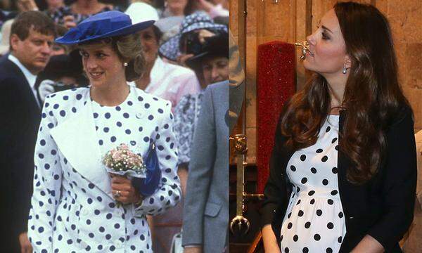 Und gut gepunktet ist halb gewonnen: Prinzessin Diana 1987 und Herzogin Kate bei der Harry Potter Tour 2013.