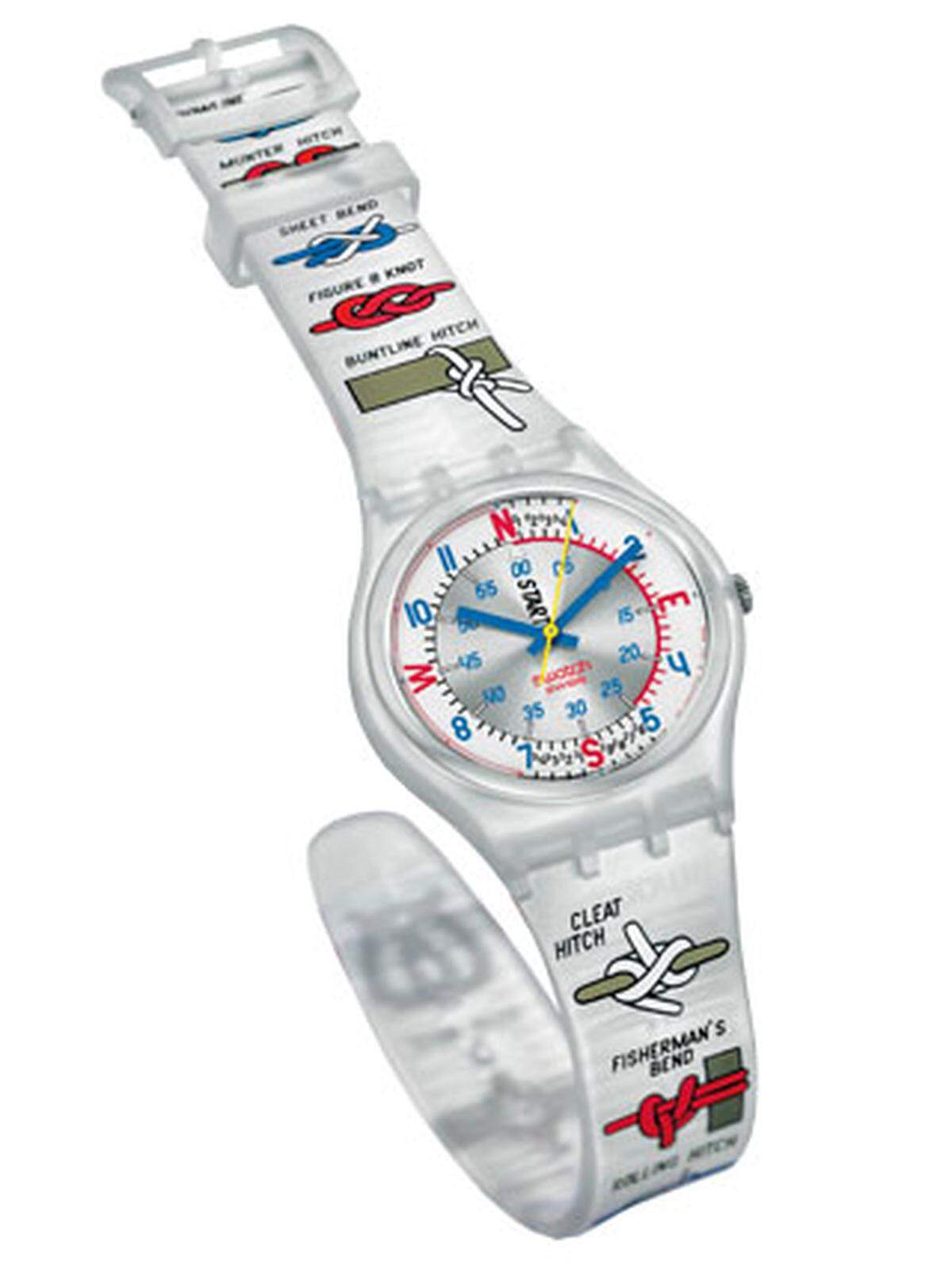 „Sailaway“ ist das Thema einer weiteren neuen Kollektion der Schweizer Uhren-ikone. Die original Gent „Sailing“ ist quasi das tickende Flaggschiff mit ihren zahlreichen Schifferknoten am transparenten Armband. 43 Euro