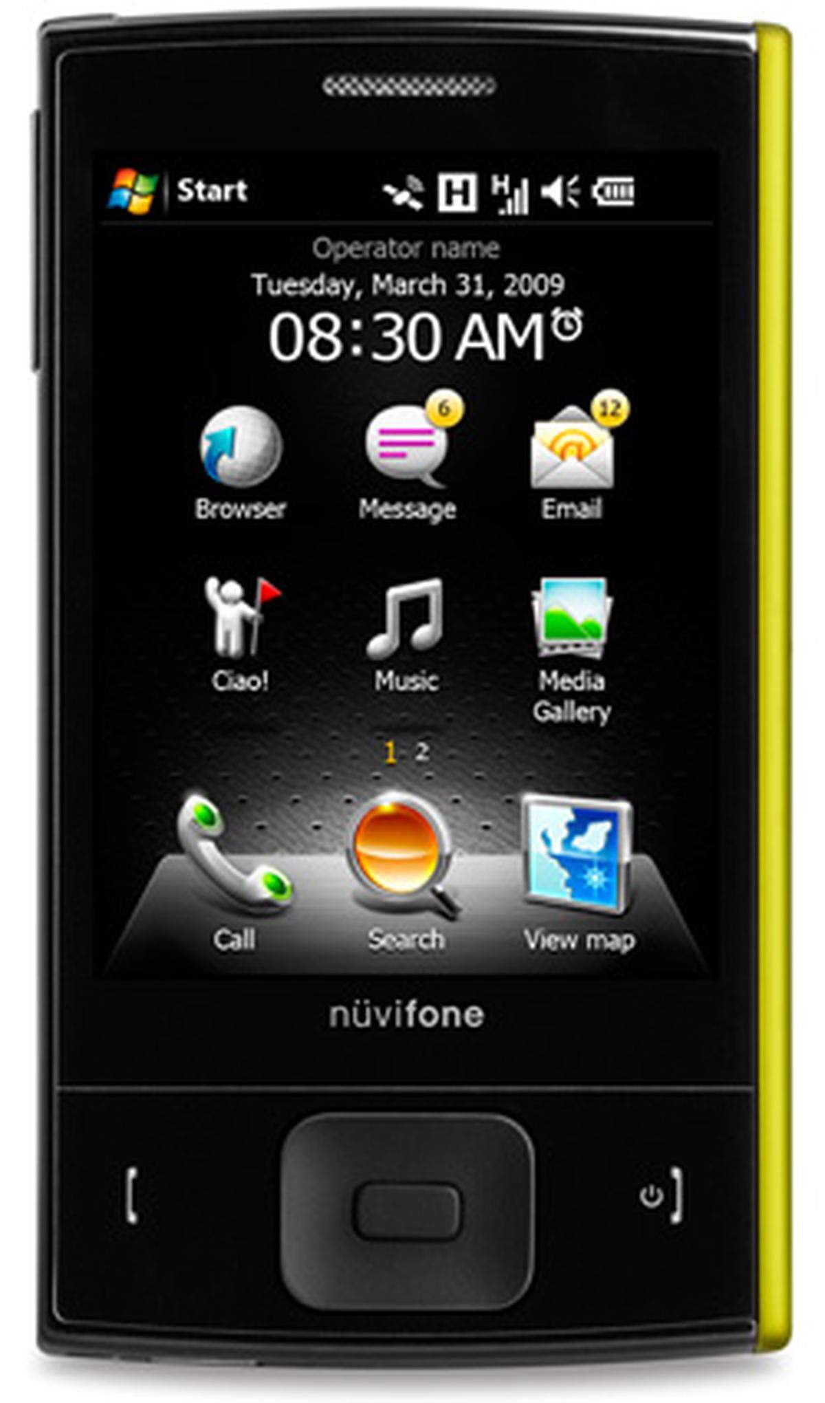 Etwas kleiner als das G60 und mit Windows Mobile 6.1 kommt das Nüvifone M20 in verschiendenen Farben. Für die Touchscreen-Eingabe haben die Entwickler eine eigene Benutzeroberfläche gestaltet. Dank Unterstützung von Navigations-Spezialist Garmin fungieren die Nüvifones auch als Navi.