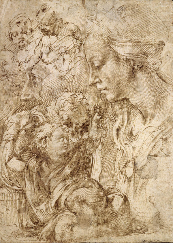 Auch bei seinen großen Aufträgen, wie etwa den Fresken der Sixtinischen Kapelle, hat Michelangelo "jedes Detail herausgezeichnet", um alles möglichst rasch einer Lösung zuzuführen", so Kurator Gnann. Oftmals finden sich viele kleine Skizzen auf einem Blatt, als "geizte er mit jedem Papierfleck". Im Bild: Brustbild einer Madonna im Profil, das auf einem Kissen liegende Christuskind und andere Studien, 1503/04 ©Staatliche Museen, Kupferstichkabinett, Berlin
