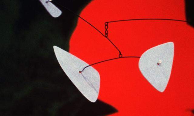 Schaut aus wie Spiderman, ist aber ein Mobile von Alexander Calder vor einer Warhol-Blume. Fotografiert von Louise Lawler 2001, veröffentlicht unter dem ironischen Titel: „He’s Here“.