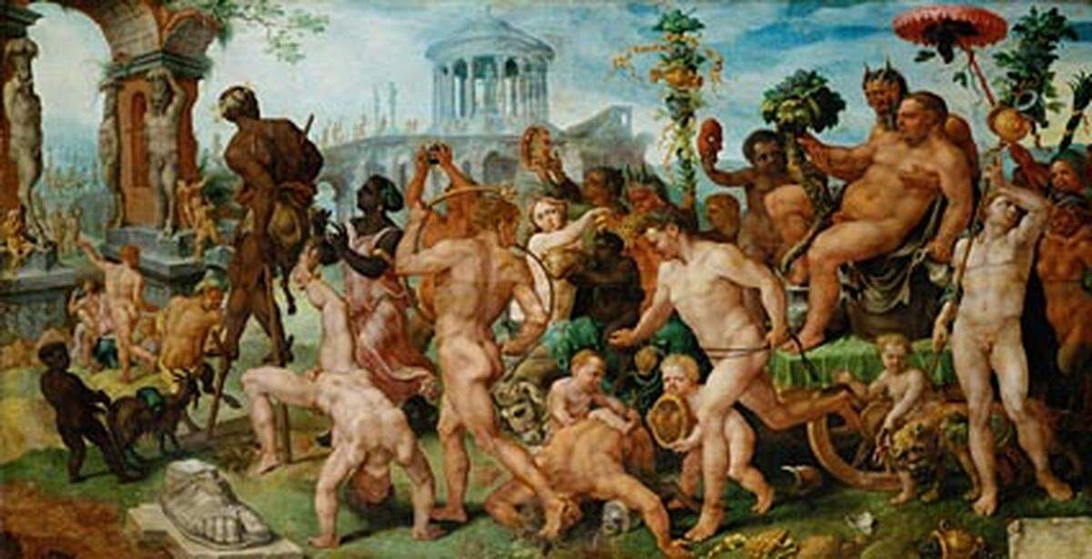 Man trifft auf viel Gewalt und nackte Haut - und durchschreitet auch ein kleines, den orgiastischen Bacchanalen gewidmetes Kabinett. Maerten van Heemskerck: "Triumphzug des Bacchus", 1536/1537