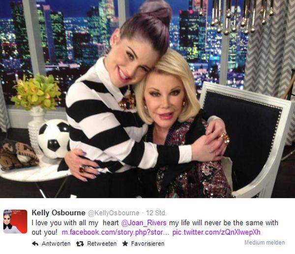 Am 4. September 2014 starb die US-amerikanische Entertainerin Joan Rivers im Alter von 81 Jahren. Bekannt war sie für ihre spitze Zunge. Bis zuletzt war sie als Moderatorin an der Seite von Kelly Osbourne in der Sendung "Fashion Police" zu sehen. "Ich liebe dich von ganzem Herzen Joan Rivers. Mein leben wird ohne dich nicht mehr das gleiche sein", twitterte Osbourne.