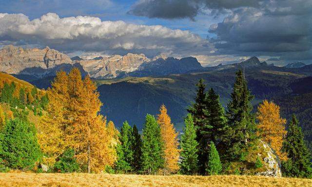 Blick über Covara auf die Dolomiten im Herbst.