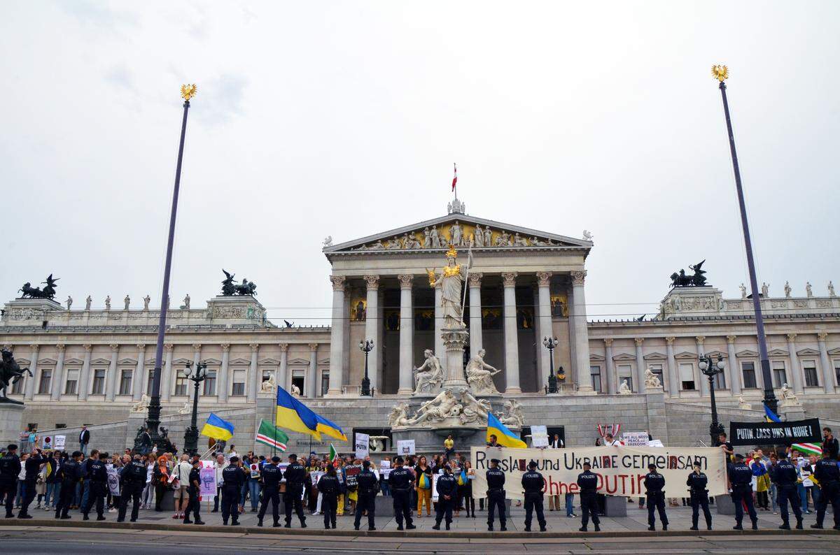 Etwa 100 Meter Luftlinie weit weg hat sich der Protest des Vereins "Demokratische Ukraine" vor dem Parlament versammelt.