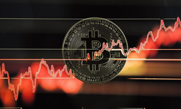 November 4 2017 Warsaw Poland Replica bitcoins are seen in this photo illustration on November