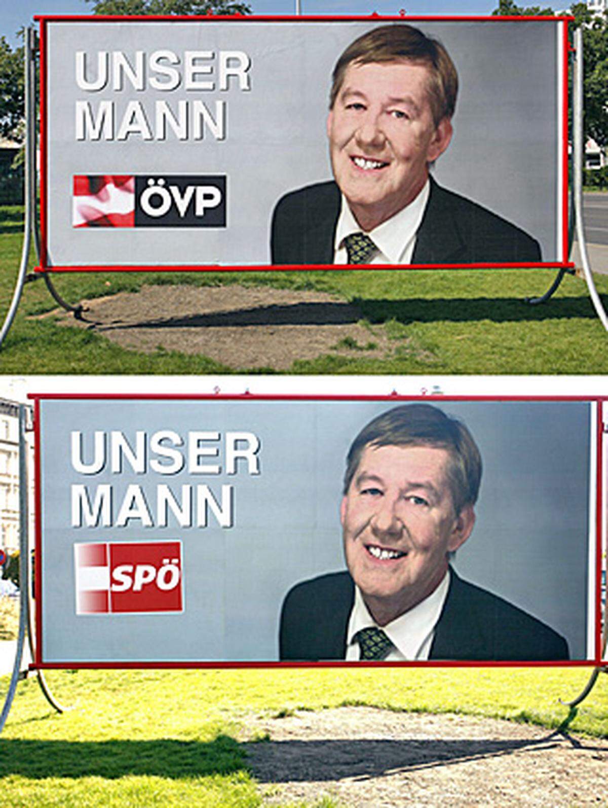 Der Vorarlberger Kuenstler Gottfried Bechtold ließ sich fuer falsche Wahlplakate ablichten. Im Bild Vorder- und Rueckseite des selben Plakatstaenders. Er will damit das Ende der Ideologien aufzeigen.