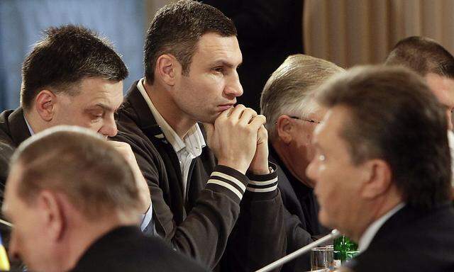 Die Kontrahenten: Klitschko (Mitte) und Janukowitsch (rechts)