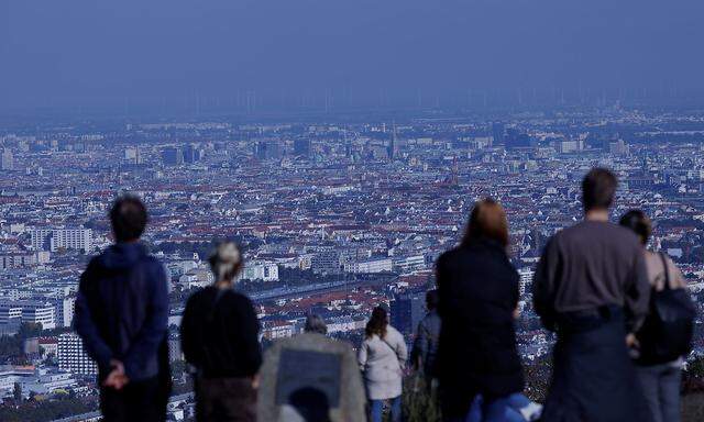 People enjoy a sunny autumn day as they look down on the city of Vienna