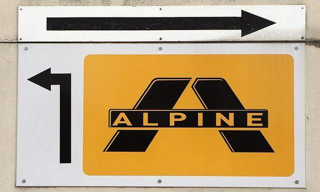 The logo of bankrupt construction firm Alpine is pictured outside a warehouse in the small town of Trumau