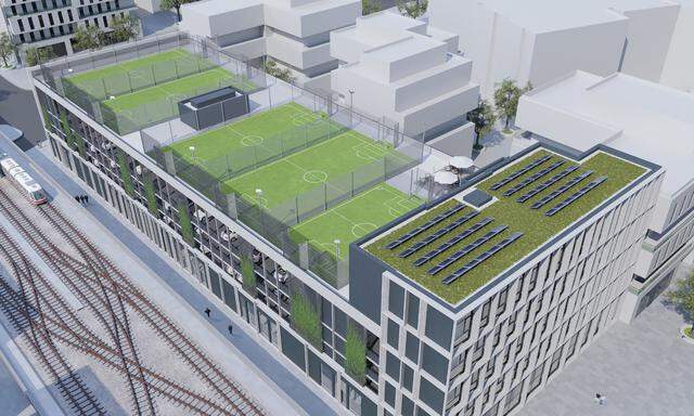 „Seehub“ in Wien Aspern: Neben Wohnungen und Büros werden auf dem Dach fünf Fußballfelder untergebracht.