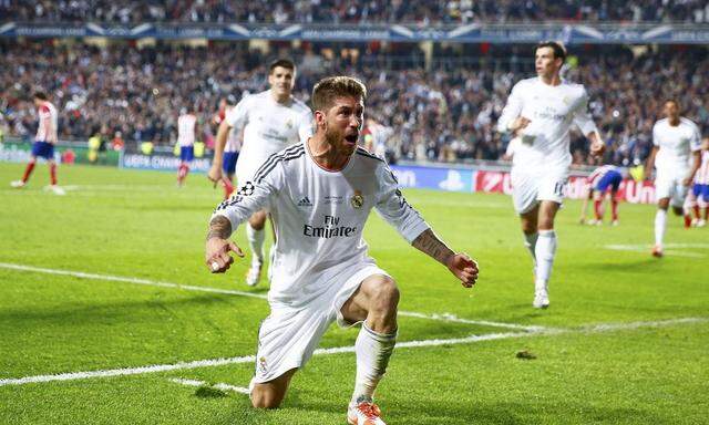 Real Madrid's Ramos celebrates after scoring a goal against Atletico Madrid during their Champions League final soccer match at Luz stadium in Lisbon