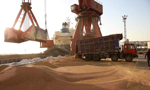 FILE PHOTO: Workers transport imported soybeans at a port in Nantong