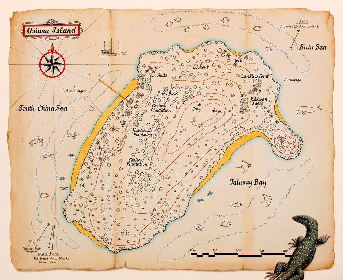 An eine Schatzkarte erinnert der Lagerplan der Insel und genau das ist sie wohl auch. Schließlich vermieten die beiden britischen Besitzer Charles und Carrie McCulloch ihr idyllische Eiland.