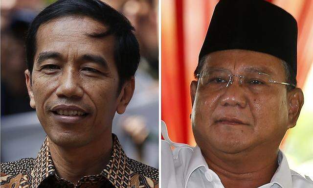 A combination photograph shows Indonesian presidential candidates Joko 'Jokowi' Widodo in Jakarta and Prabowo Subianto in Bogor