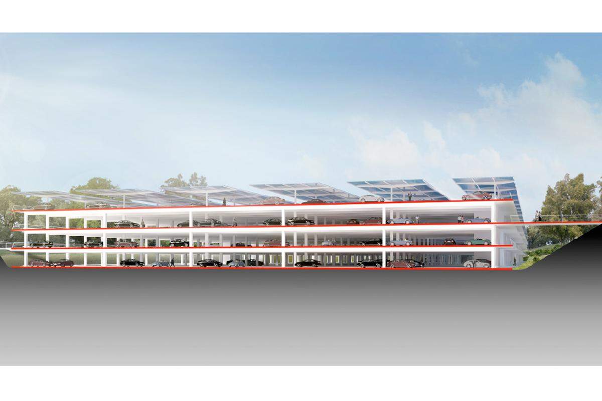 Die Parkgarage im Süden des Campus soll Platz für 4300 Autos bieten. Sie werden auf vier Stockwerke mit insgesamt 17,3 Hektar verteilt. Das Dach soll Solarzellen beherbergen, um die Stromerzeugung zu unterstützen.