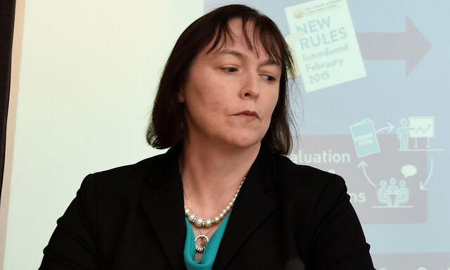 FILE PHOTO: Deputy Governor Sharon Donnery and Governor Philip R. Lane (R) speak at the publication of the Central Bank of Ireland?'s review of residential mortgage lending requirements in Dublin