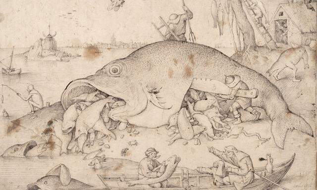 „Die großen Fische fressen die kleinen“, Vorzeichnung von Pieter Bruegel mit Feder und Pinsel, 1556. Hier steht noch über dem Ruder seine Signatur. Im Kupferstich gab es der Verleger dann marketingtechnisch gefinkelt als „Erfindung“ von Hieronymus Bosch aus.