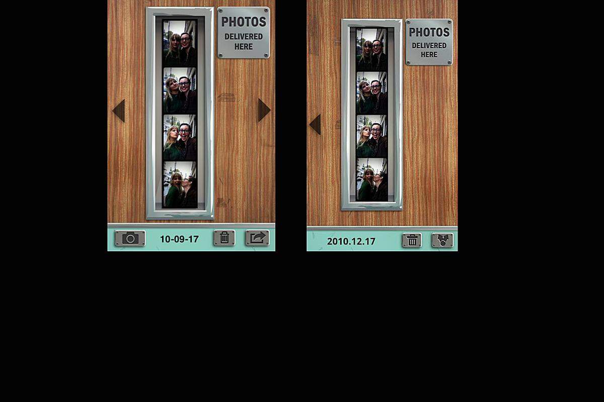 Pocketbooth ahmt Fotoautomaten nach und erstellt die charakteristischen Bilderstreifen. Die iPhone-App (links) bietet dank Airprint eigentlich ein wenig mehr als die Android-App (rechts), kostet aber mit 79 Cent nur die Hälfte des Android-Pendants.