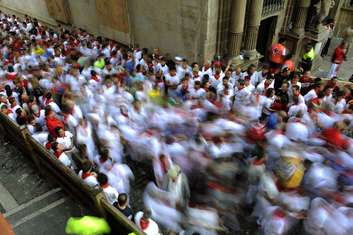 Wenn die Stiere die Straße betreten, tritt das religiöse Fest aber rasch in den Hintergrund. Beim Encierro werden die sechs Kampfstiere durch die Altstadt von Pamplona in die Stierkampfarena getrieben.