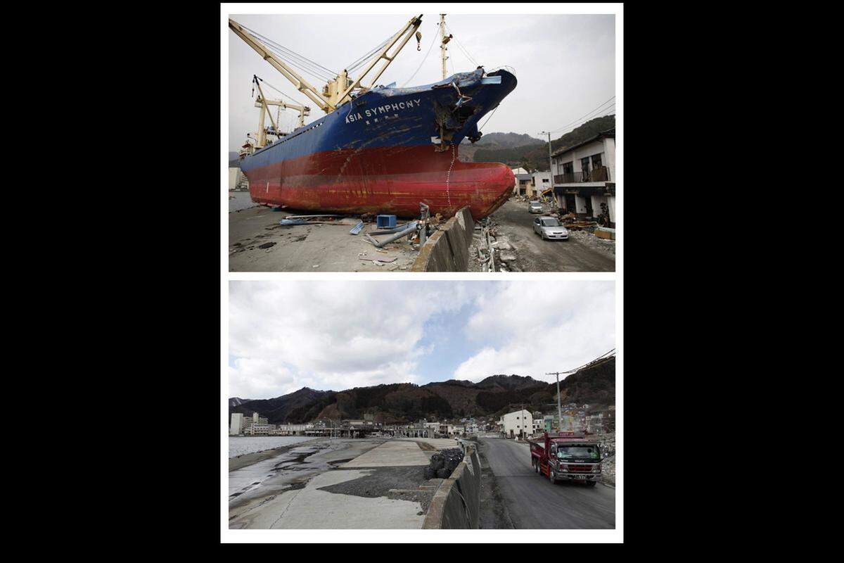 Der Hafen von Kamaishi am 11. April 2011 (oben) und heuer am 18. Februar.