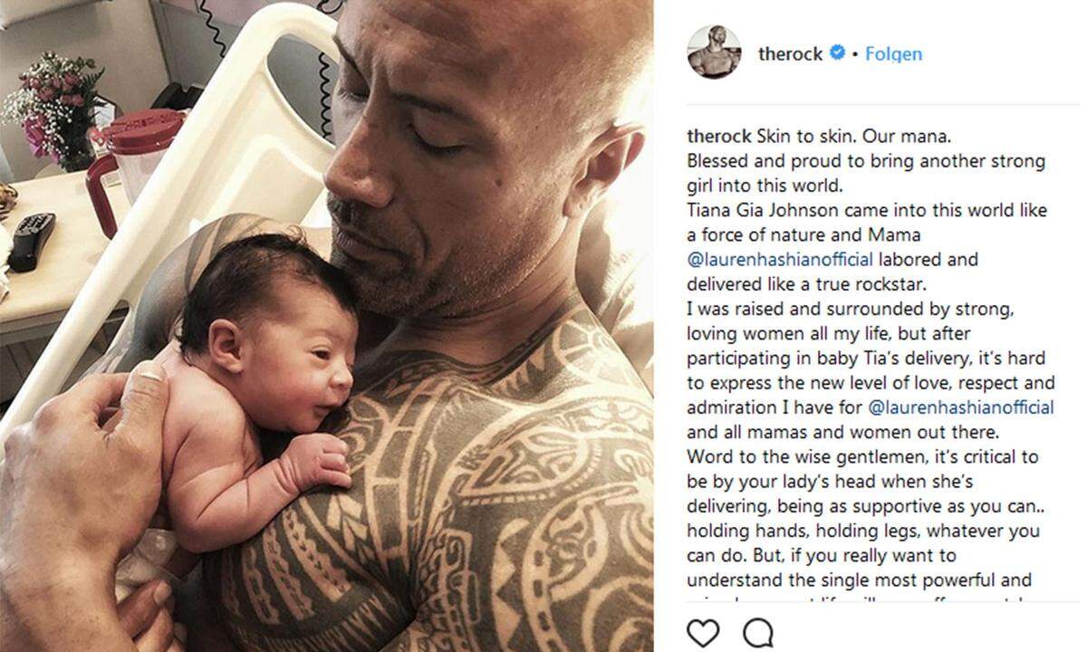 Ein Kieselsteinchen im Arm des großen Papa-Felsen: Action-Star Dwayne "The Rock" Johnson ist zum dritten Mal Vater geworden. Seine Freundin Lauren Hashian hat das zweite gemeinsame Kind des Paares auf die Welt gebracht. Das kleine Mädchen hört auf den Namen Tiana Gia, wie der 45-jährige Schauspieler auf seiner Instagram-Seite stolz verkündet.  