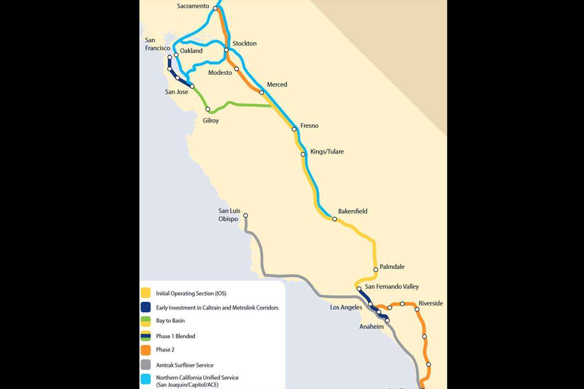 Läuft alles nach Plan, kann die Strecke im Jahr 2022 in Betrieb genommen werden. Von da an sollen die Züge mit 350 Stundenkilometern zwischen den Städten Sacramento und San Diego verkehren.