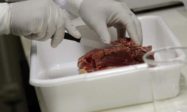 Ein Veterinär kontrolliert eine Fleischprobe in Rio de Janeiro