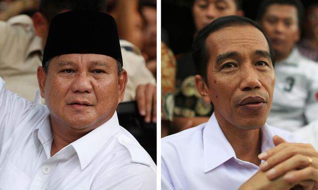 Combination image shows Indonesian presidential candidates Prabowo and Jokowi in Jakarta