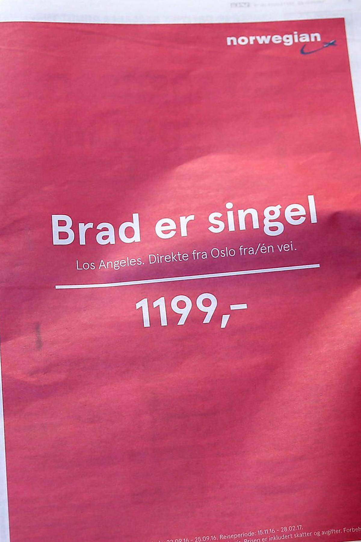 Da versteht eine Werbeagentur einmal wirklich etwas von ihrem Geschäft: Kaum wurde die Trennung des Hollywood-Traumpaars Brad Pitt und Angelina Jolie (kurz: Bradxit) bekannt, erschien auch schon eine ganzseitige Zeitungsanzeige für die Fluglinie Norwegian. Sie wurde bereits unzählige Male in Sozialen Netzwerken geteilt wird. Die Botschaft ist simpel: "Brad ist Single" - ist darauf zu lesen. Und dann noch der Preis für ein Ticket nach Los Angeles. One-Way, versteht sich.  