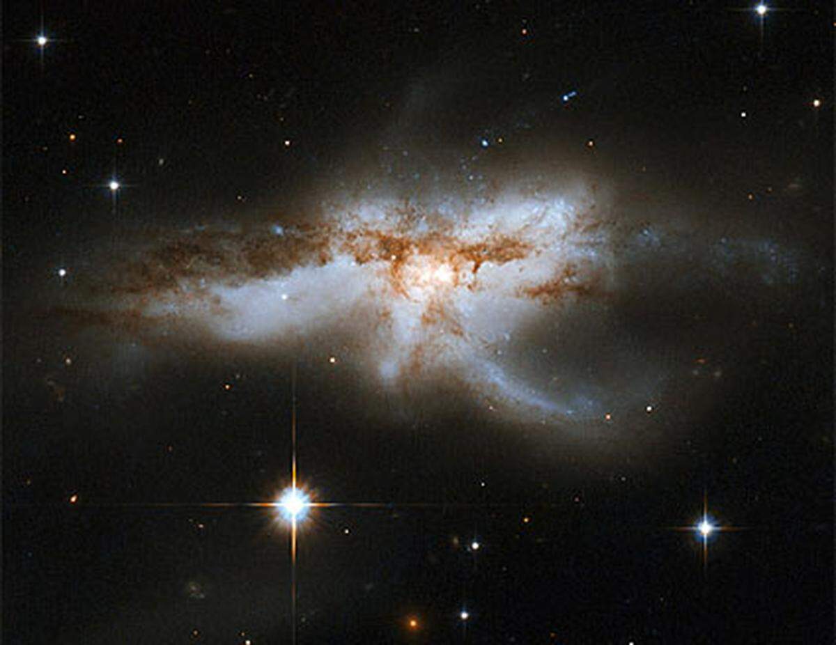 "NGC 6240": Zwei kleine Galaxien sind zu einer schmetterlingsförmigen Konstellation zusammengewachsen. In der Formation befinden sich zwei schwarze Löcher, die aufeinander zu steuern. In einigen zehn Millionen Jahren werden sie einander erreicht haben.