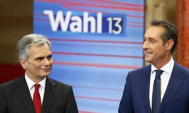 Austrian Chancellor and leader of the Social Democratic Party Faymann and Head of the Freedom Party Strache, pose before a TV debate after first projections in the Austrian general election in Vienna