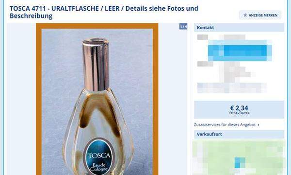 Auch kurios, diese Parfum-Flasche. Leer, uralt, aber anscheinend noch immer etwas wert. 2,34 Euro will der jetzige Besitzer für "Tosca".