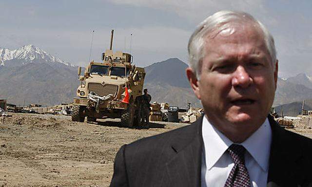 U.S. Secretary of Defense Robert Gates speaks to media at FOB Airborne in Afghanistan