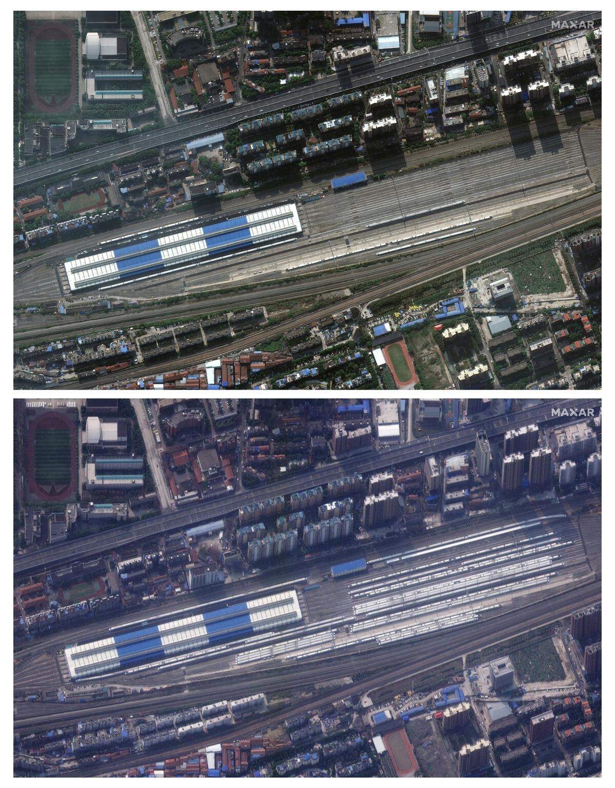 Auch bei diesem Bahnhof in Wuhan, ist der Unterschied deutlich erkennbar. Die weißen Zuggarnituren im rechten Teil des Bildes sind stark reduziert.