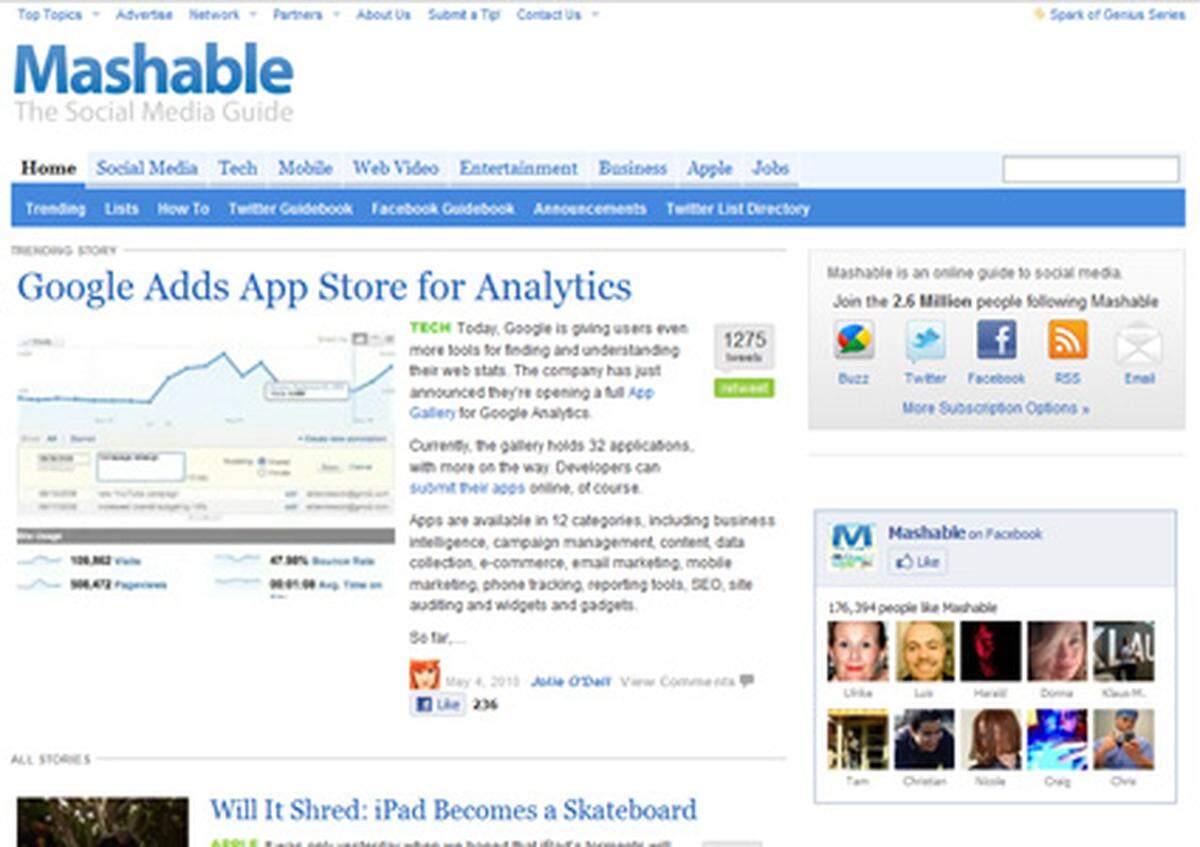Gleich in zwei Kategorien konnte sich Mashable behaupten. Der selbst ernannte "Social Media Guide" exisitiert seit 2005 und berichtet ausschließlich über Nachrichten rund um das Thema Web 2.0.
