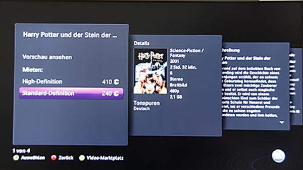 Die Filme liegen in Full-HD mit 1080p vor, werden aber auch mit geringer Auflösung (SD) angeboten. Preislich werden die Leih-Videos zwischen 2,99 und 6,64 Euro liegen. Zune fragt den Benutzer, ob man seinen gewünschten Film gleich anschauen will oder ihn erst herunterladen soll. Entscheidet man sich für letztere Variante, bietet die Konsole an, den Film zu starten, wenn schon genug Teile davon auf der Festplatte gelandet sind, um HD-Qualität zu gewährleisten.