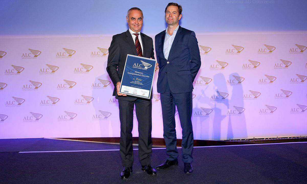 Auszeichnung 3. Platz Kategorie international tätige Unternehmen für die Siemens AG Österreich (v.l.): Siemens-Konzernsprecher Walter Sattlberger und Commerzbank-Geschäftsführer Martin Butollo.