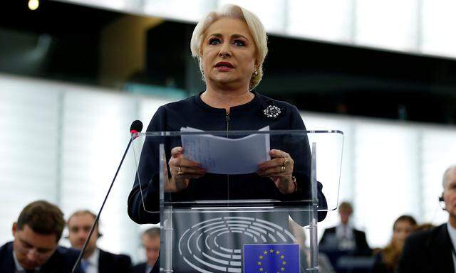 Romanian Prime Minister Dancila tdelivers a speech during a debate on the rule of law in Romania at the European Parliament in Strasbourg