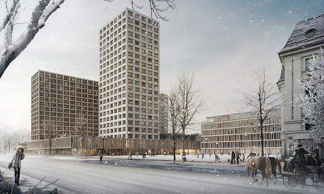 Der geplante und umstrittene Wohnturm zwischen Eislaufverein und Hotel Intercontinental in einer Visualisierung. 