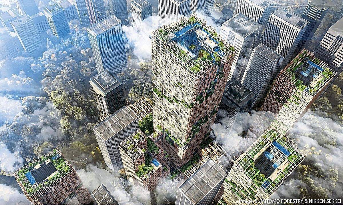 350 Meter hoch, 4,8 Milliarden Euro schwer: In Tokio soll bis 2041 der Welt höchstes Holzhochhaus entstehen – so der Plan des japanischen Forstunternehmens Sumitomo Forestry, das sich zum 350-Jahr-Jubiläum eine neue Unternehmenszentrale gönnen möchte. 90 Prozent Holz – Säulen, Decken, Innenausbau (quasi aus eigenem, nun erntereifem Anbau) – soll mit stählernem Traggerüst ergänzt werden. (red., 16. 2. 2019)